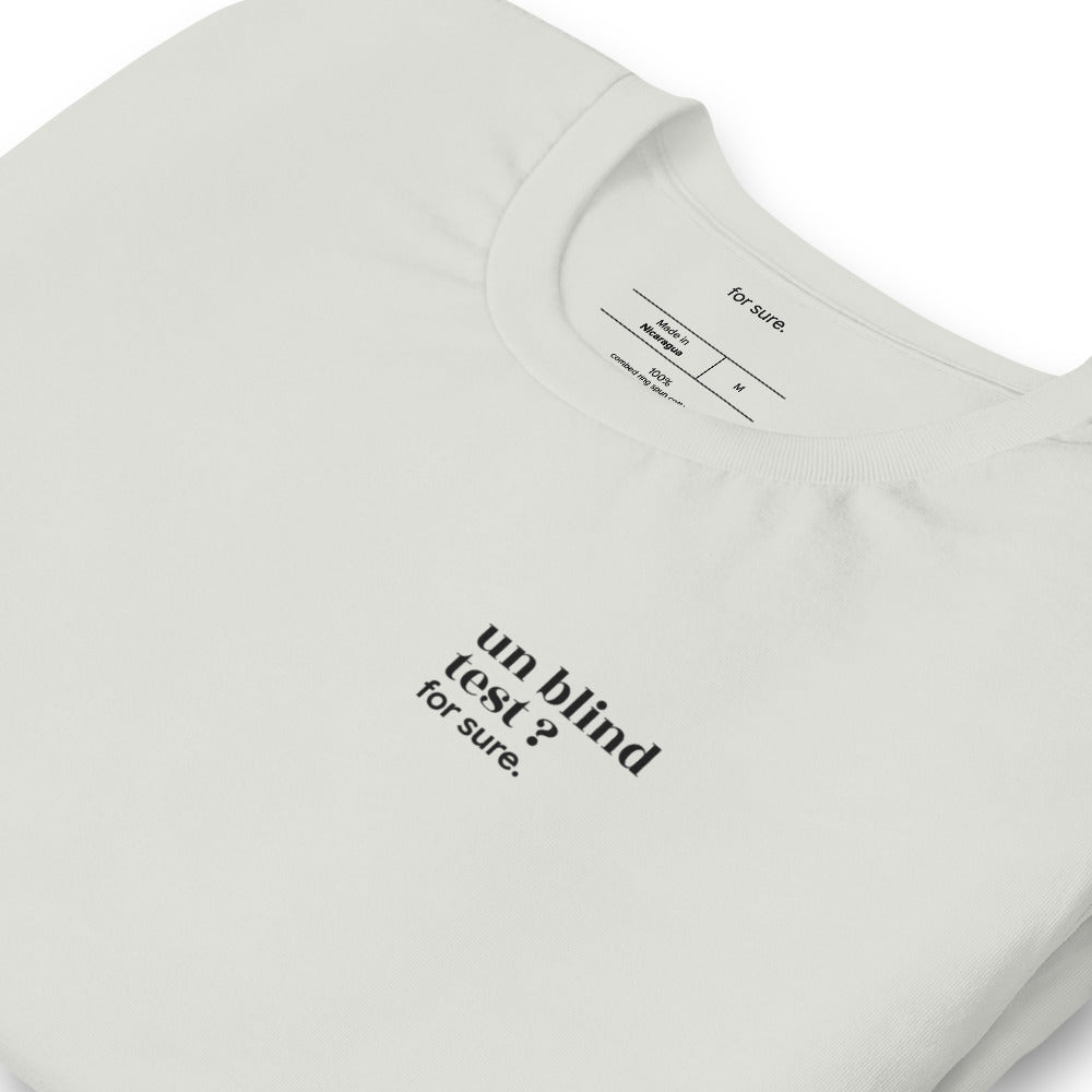 T-shirt gris « un blind test ? for sure. », vue en biais
