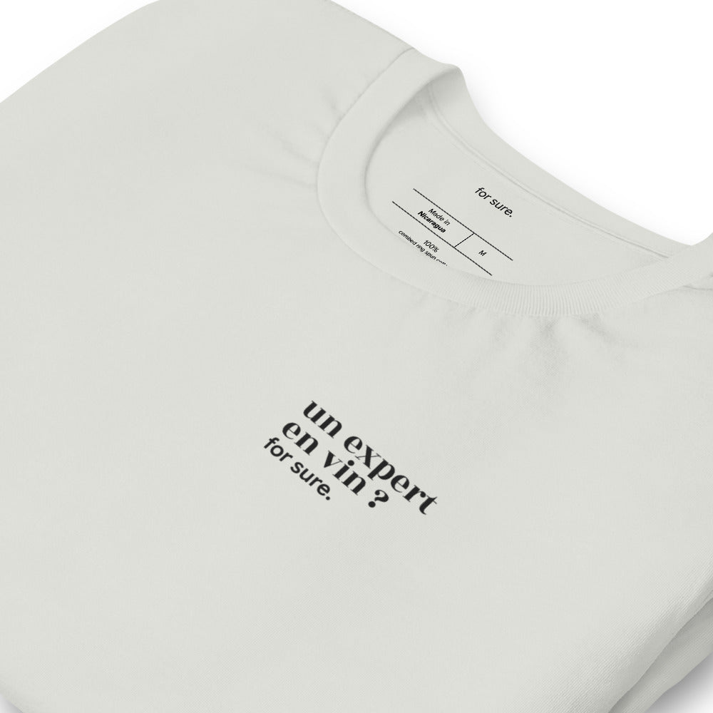 T-shirt gris « un expert en vin ? for sure. », vue en biais
