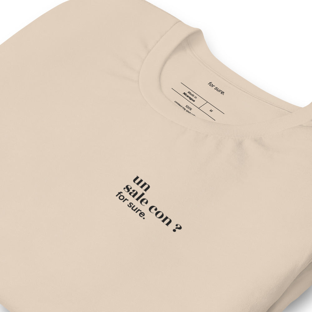 T-shirt beige « un sale con ? for sure. », vue en biais