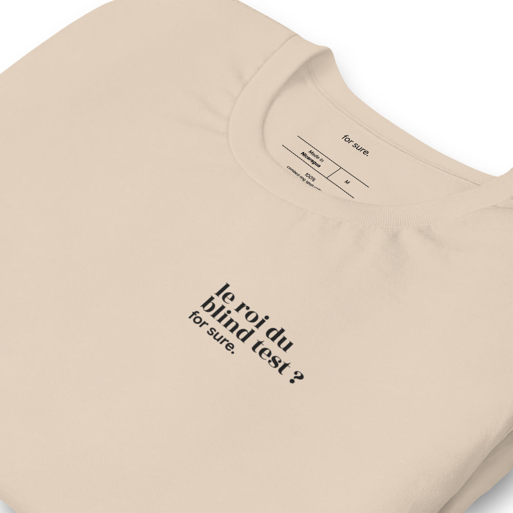 T-shirt beige « le roi du blind test ? for sure. », vue en biais