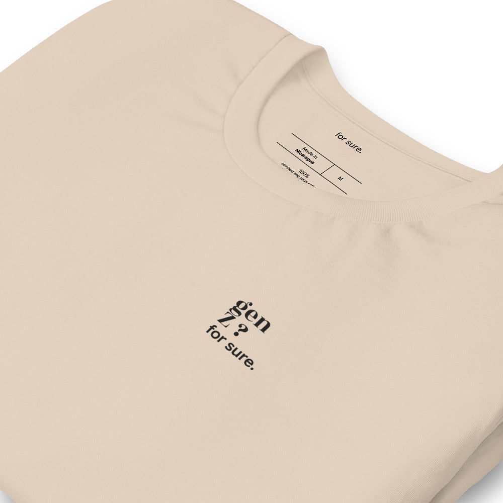 T-shirt beige « gen Z ? for sure. », vue en biais
