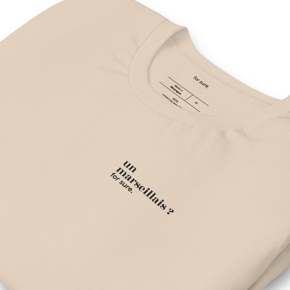 T-shirt beige « un marseillais ? for sure. », vue en biais