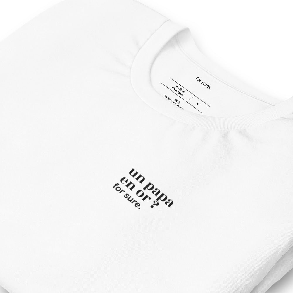 T-shirt blanc « un papa en or ? for sure. », vue en biais