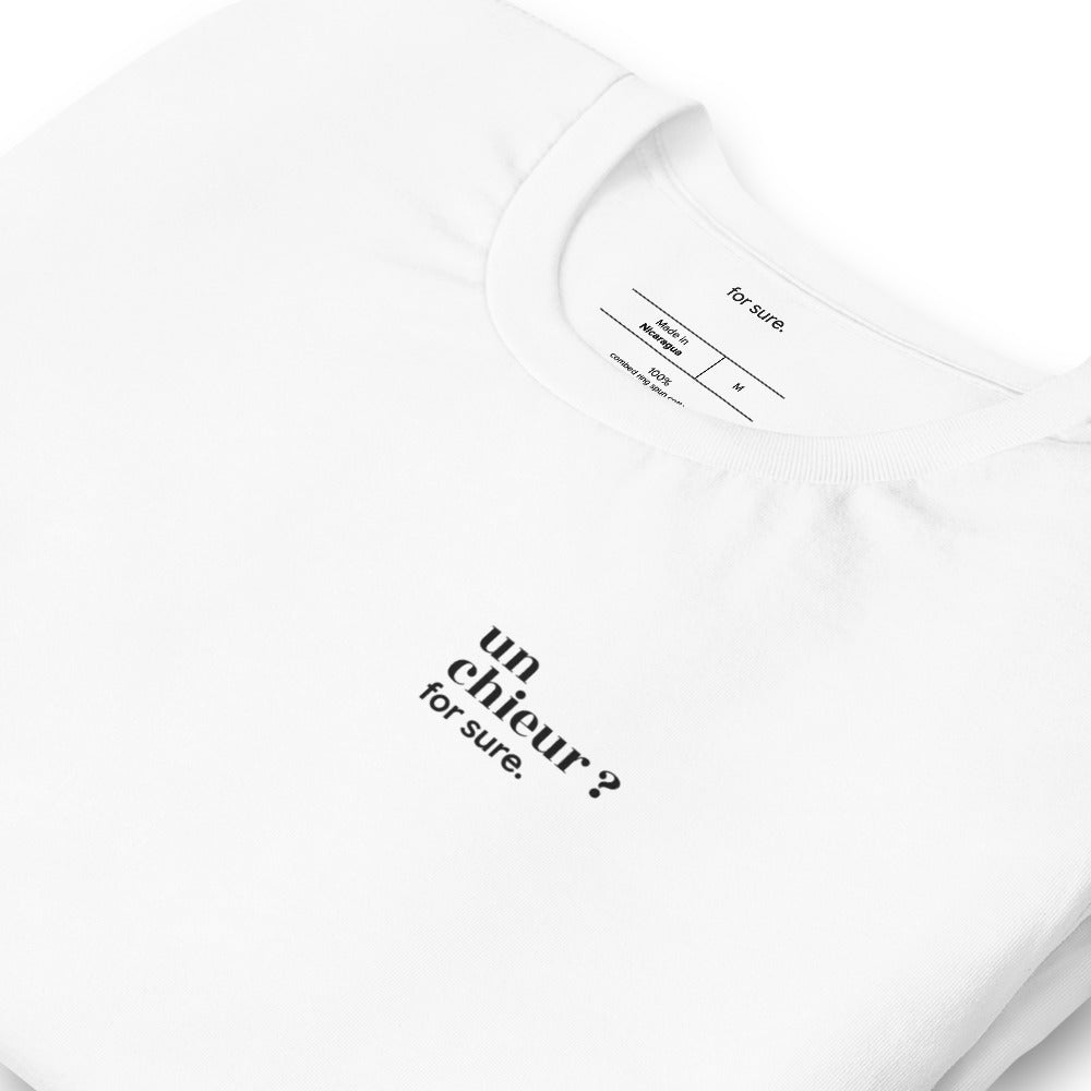 T-shirt blanc « un chieur ? for sure. », vue en biais