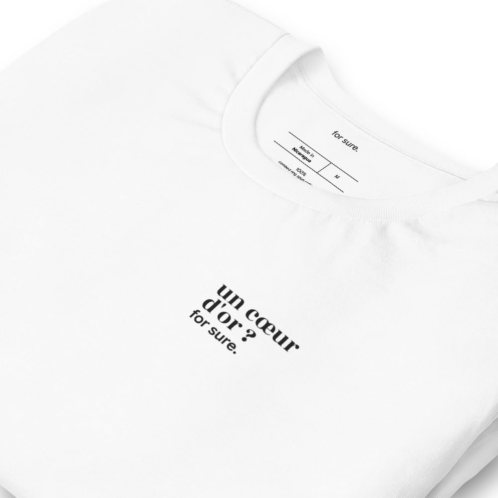 T-shirt blanc « un cœur d'or ? for sure. », vue en biais