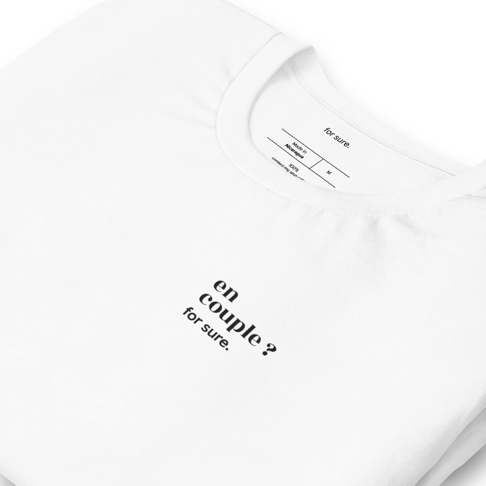 T-shirt blanc « en couple ? for sure. », vue en biais