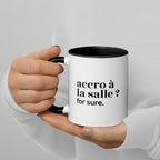 Mug intérieur noir « accro à la salle ? for sure. », tenu dans les mains